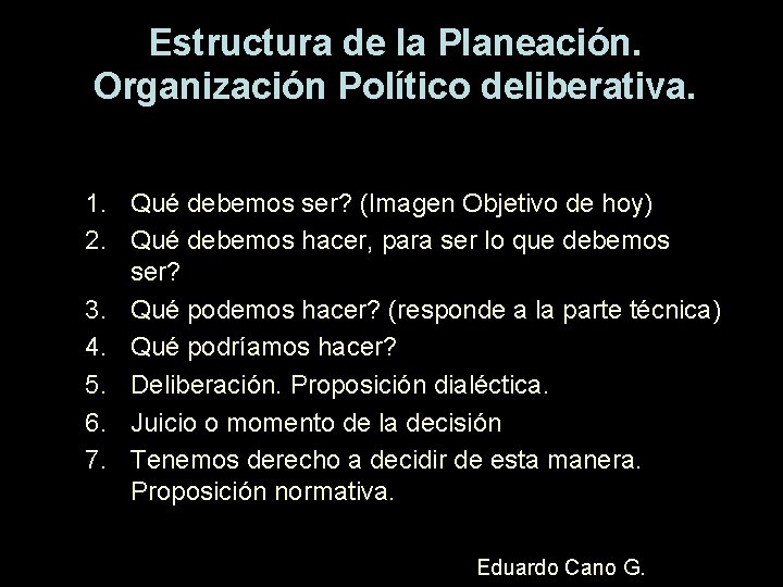 Estructura de la Planeación. Organización Político deliberativa. 1. Qué debemos ser? (Imagen Objetivo de