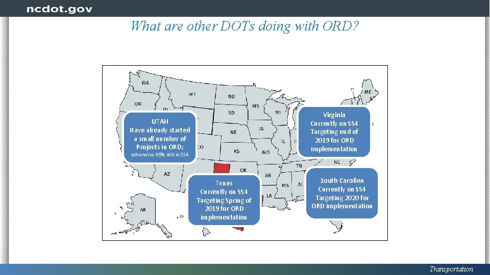 What are other DOTs doing with ORD? Virginia Currently on SS 4 Targeting end
