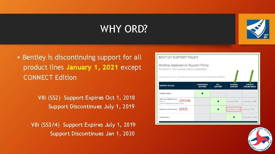 WHY ORD? • Bentley is discontinuing support for all product lines January 1, 2021