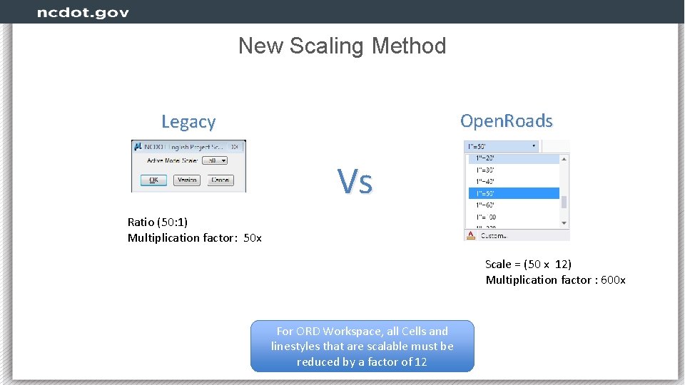 New Scaling Method Open. Roads Legacy Vs Ratio (50: 1) Multiplication factor: 50 x