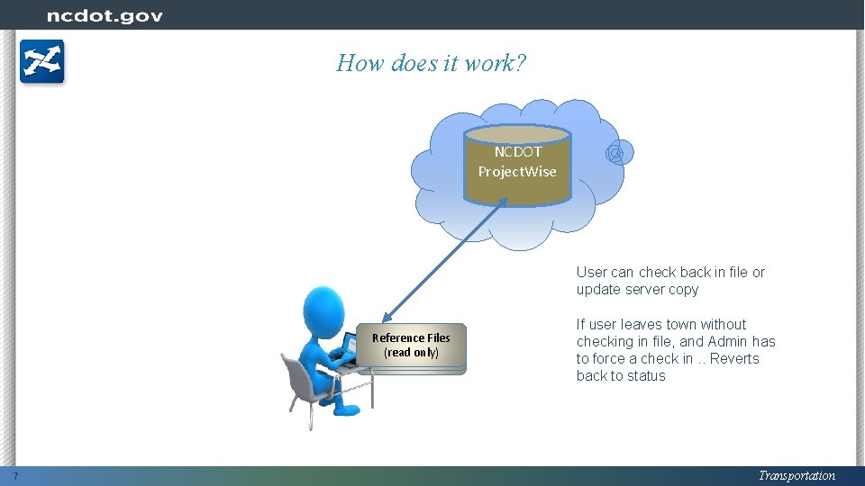 How does it work? NCDOT Project. Wise User can check back in file or