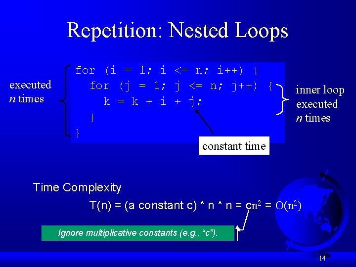 Repetition: Nested Loops executed n times for (i = 1; i <= n; i++)