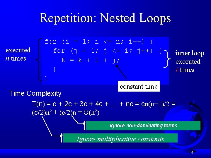 Repetition: Nested Loops for (i = 1; i <= n; i++) { executed for