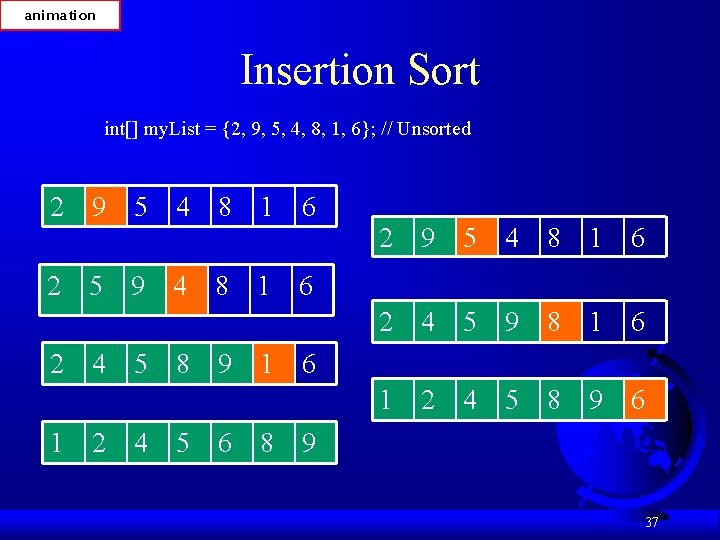 animation Insertion Sort int[] my. List = {2, 9, 5, 4, 8, 1, 6};