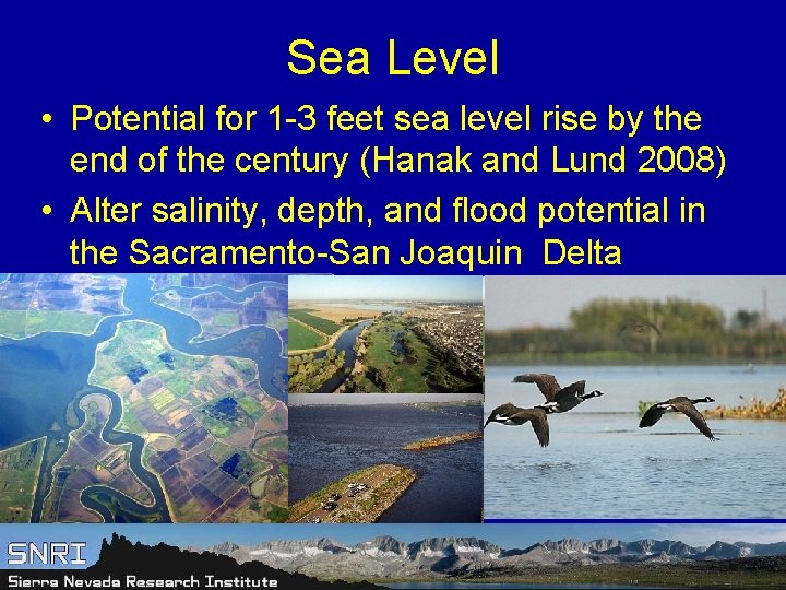 Sea Level • Potential for 1 -3 feet sea level rise by the end