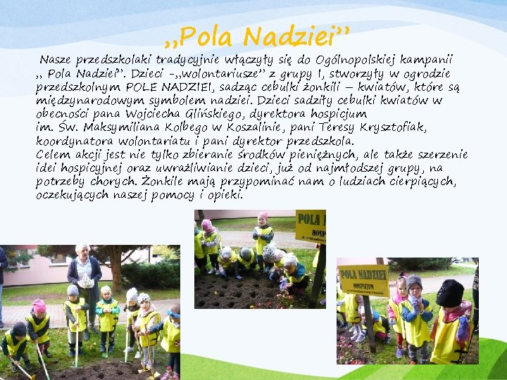 „Pola Nadziei” Nasze przedszkolaki tradycyjnie włączyły się do Ogólnopolskiej kampanii „ Pola Nadziei”. Dzieci