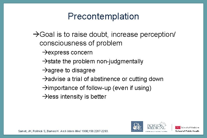 Precontemplation àGoal is to raise doubt, increase perception/ consciousness of problem àexpress concern àstate