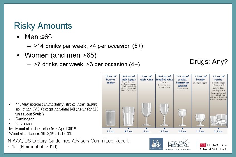 Risky Amounts • Men ≤ 65 – >14 drinks per week, >4 per occasion