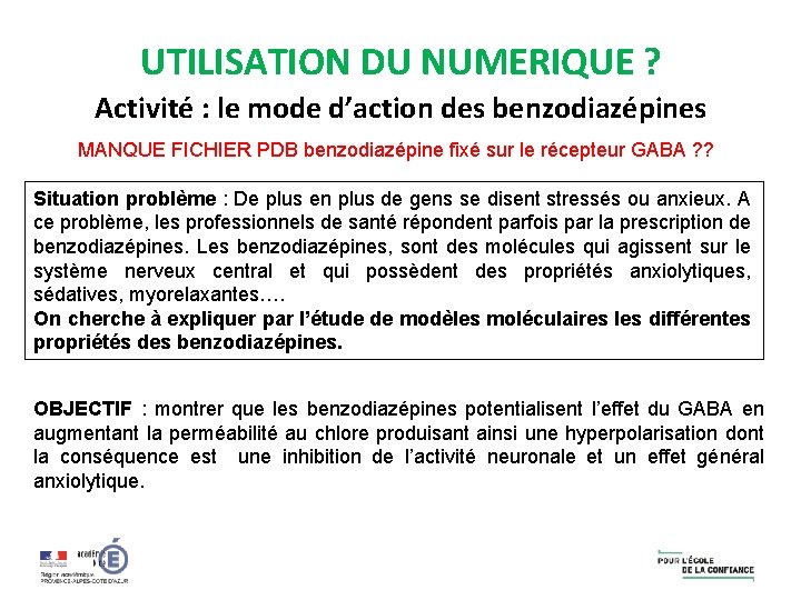 UTILISATION DU NUMERIQUE ? Activité : le mode d’action des benzodiazépines MANQUE FICHIER PDB