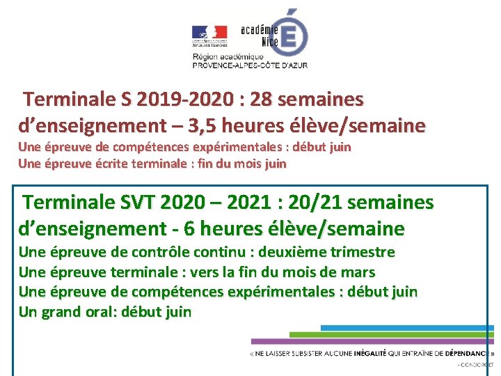 Terminale S 2019 -2020 : 28 semaines d’enseignement – 3, 5 heures élève/semaine Une