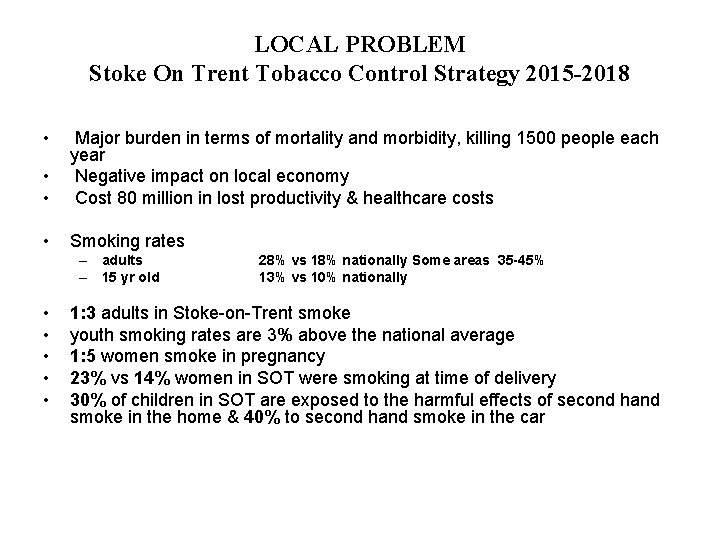 LOCAL PROBLEM Stoke On Trent Tobacco Control Strategy 2015 -2018 • • • Major
