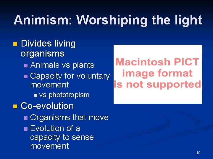 Animism: Worshiping the light n Divides living organisms Animals vs plants n Capacity for