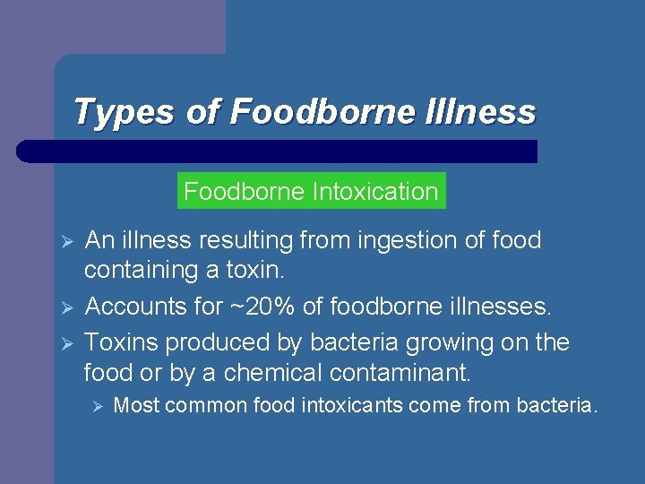 Types of Foodborne Illness Foodborne Intoxication Ø Ø Ø An illness resulting from ingestion