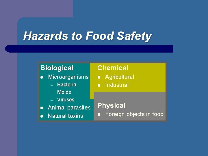 Hazards to Food Safety Biological l Microorganisms – – – l l Bacteria Molds