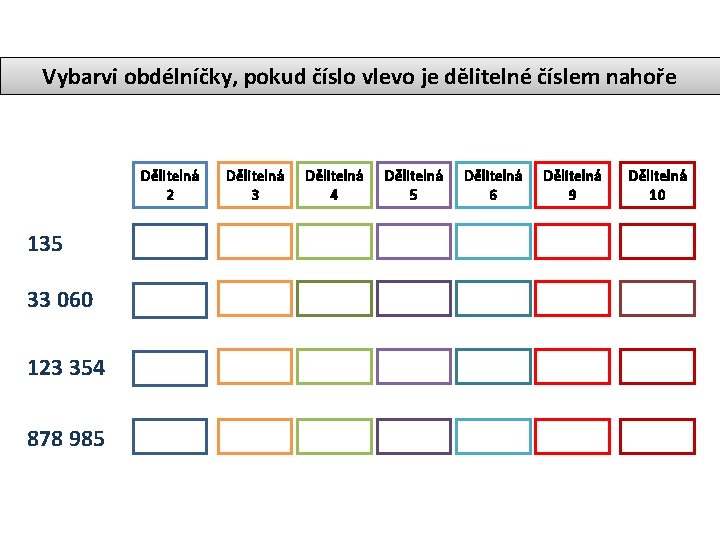Vybarvi obdélníčky, pokud číslo vlevo je dělitelné číslem nahoře Dělitelná 2 135 33 060