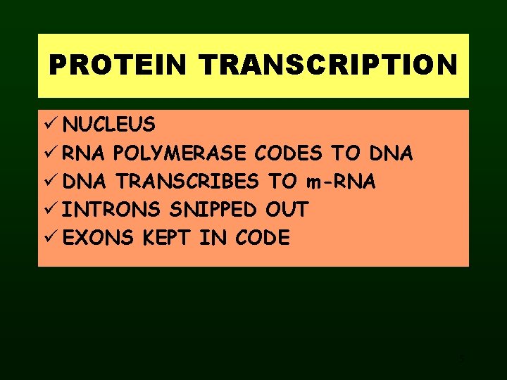 PROTEIN TRANSCRIPTION ü NUCLEUS ü RNA POLYMERASE CODES TO DNA ü DNA TRANSCRIBES TO