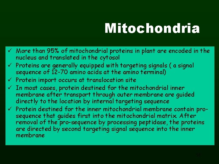 Mitochondria ü More than 95% of mitochondrial proteins in plant are encoded in the