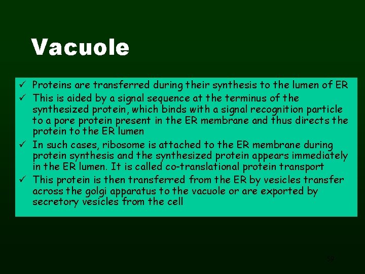 Vacuole ü Proteins are transferred during their synthesis to the lumen of ER ü