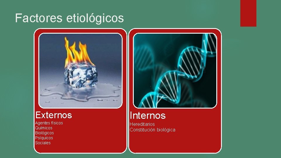 Factores etiológicos Externos Agentes físicos Químicos Biológicos Psíquicos Sociales Internos Hereditarios Constitución biológica Factores etiológicos Externos Agentes físicos Químicos Biológicos Psíquicos Sociales Internos Hereditarios Constitución biológica