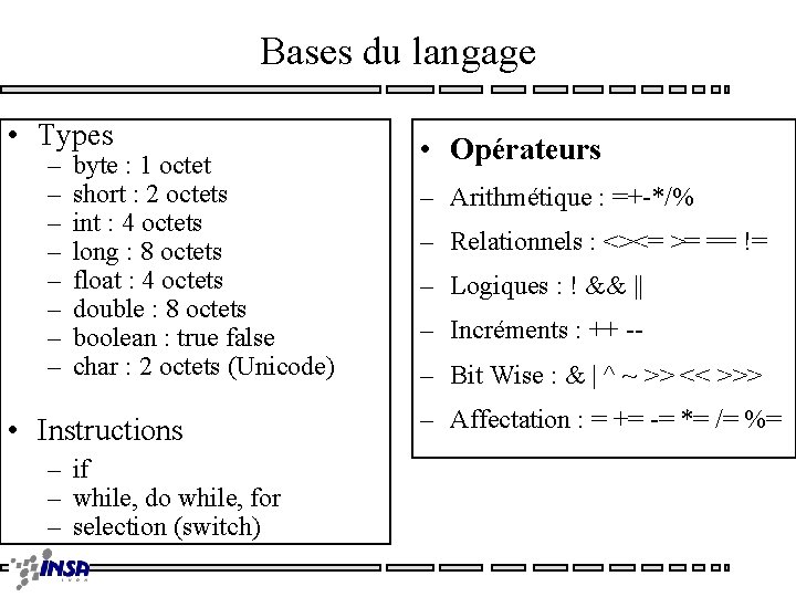 Bases du langage • Types – – – – byte : 1 octet short