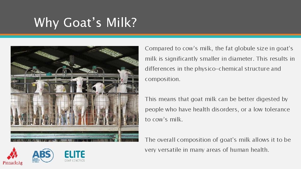 Why Goat’s Milk? Compared to cow’s milk, the fat globule size in goat’s milk