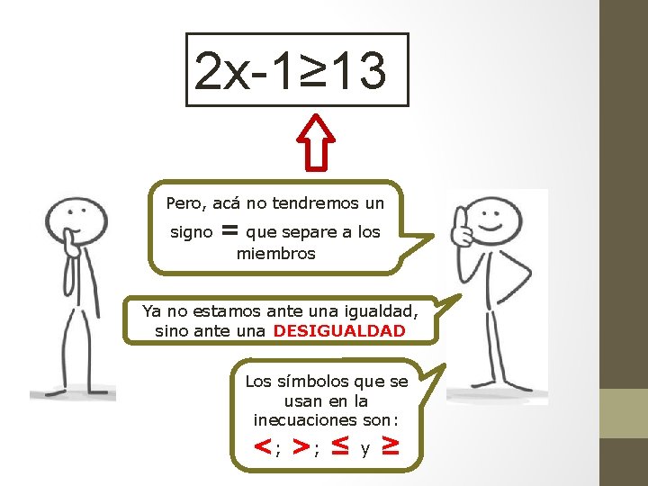 2 x-1≥ 13 Pero, acá no tendremos un signo = que separe a los