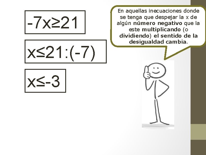 -7 x≥ 21 x≤ 21: (-7) x≤-3 En aquellas inecuaciones donde se tenga que