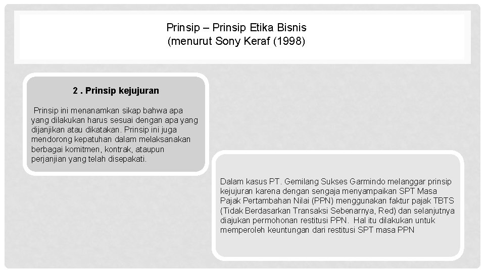 Prinsip – Prinsip Etika Bisnis (menurut Sony Keraf (1998) 2. Prinsip kejujuran Prinsip ini Prinsip – Prinsip Etika Bisnis (menurut Sony Keraf (1998) 2. Prinsip kejujuran Prinsip ini