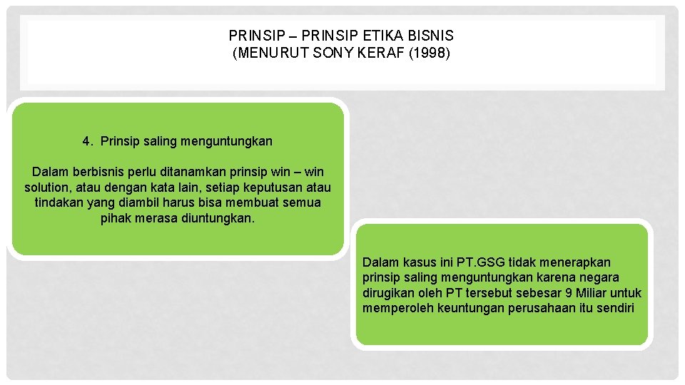 PRINSIP – PRINSIP ETIKA BISNIS (MENURUT SONY KERAF (1998) 4. Prinsip saling menguntungkan Dalam PRINSIP – PRINSIP ETIKA BISNIS (MENURUT SONY KERAF (1998) 4. Prinsip saling menguntungkan Dalam