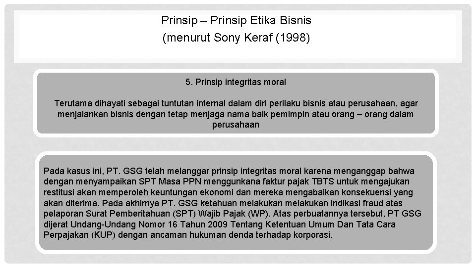 Prinsip – Prinsip Etika Bisnis (menurut Sony Keraf (1998) 5. Prinsip integritas moral Terutama Prinsip – Prinsip Etika Bisnis (menurut Sony Keraf (1998) 5. Prinsip integritas moral Terutama