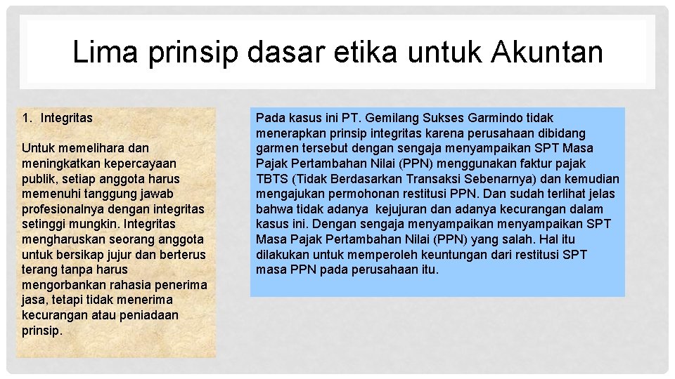 Lima prinsip dasar etika untuk Akuntan 1. Integritas Untuk memelihara dan meningkatkan kepercayaan publik, Lima prinsip dasar etika untuk Akuntan 1. Integritas Untuk memelihara dan meningkatkan kepercayaan publik,