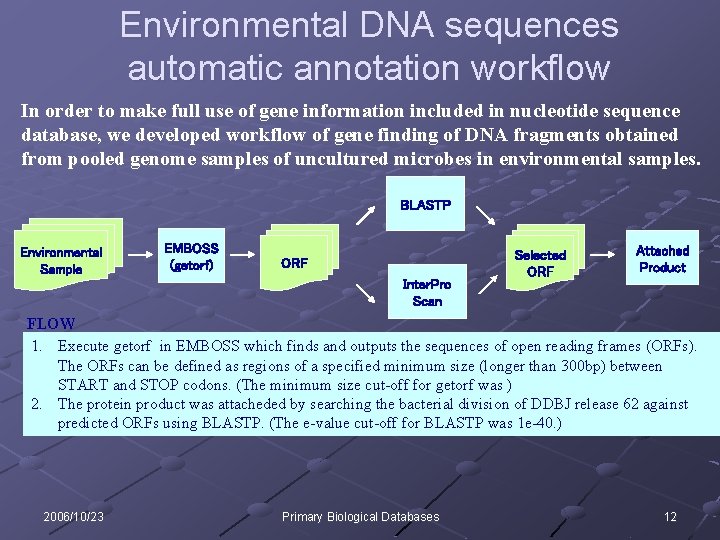 Environmental DNA sequences automatic annotation workflow In order to make full use of gene