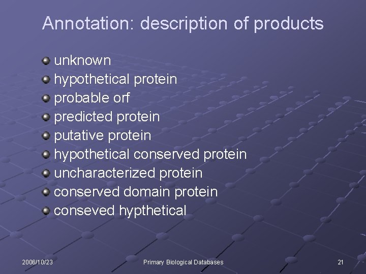 Annotation: description of products unknown hypothetical protein probable orf predicted protein putative protein hypothetical