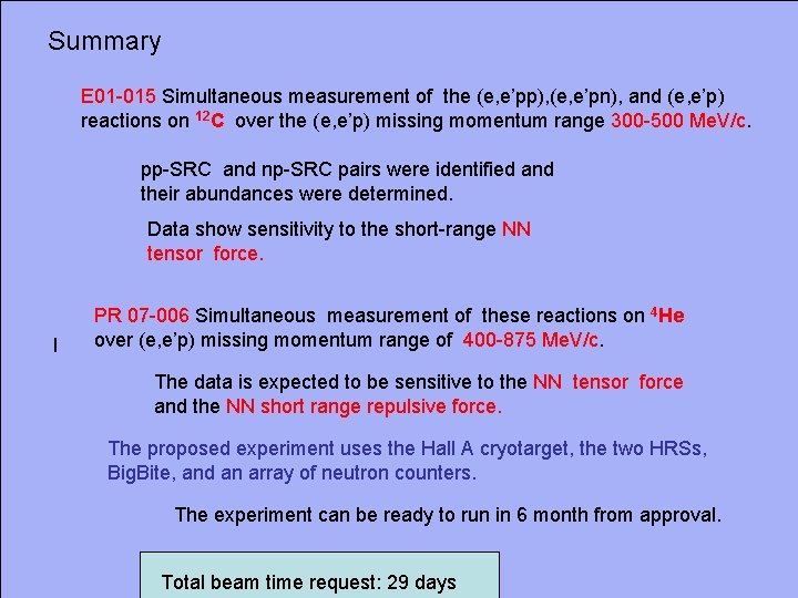 Summary E 01 -015 Simultaneous measurement of the (e, e’pp), (e, e’pn), and (e,