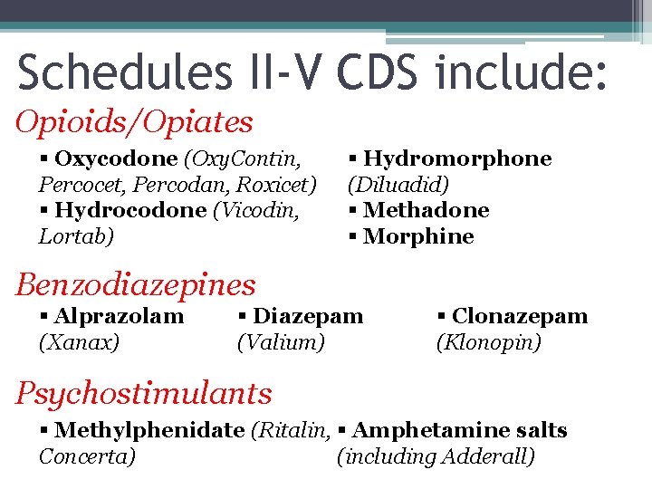 Schedules II-V CDS include: Opioids/Opiates § Oxycodone (Oxy. Contin, Percocet, Percodan, Roxicet) § Hydrocodone