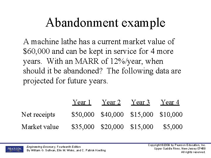 Abandonment example A machine lathe has a current market value of $60, 000 and