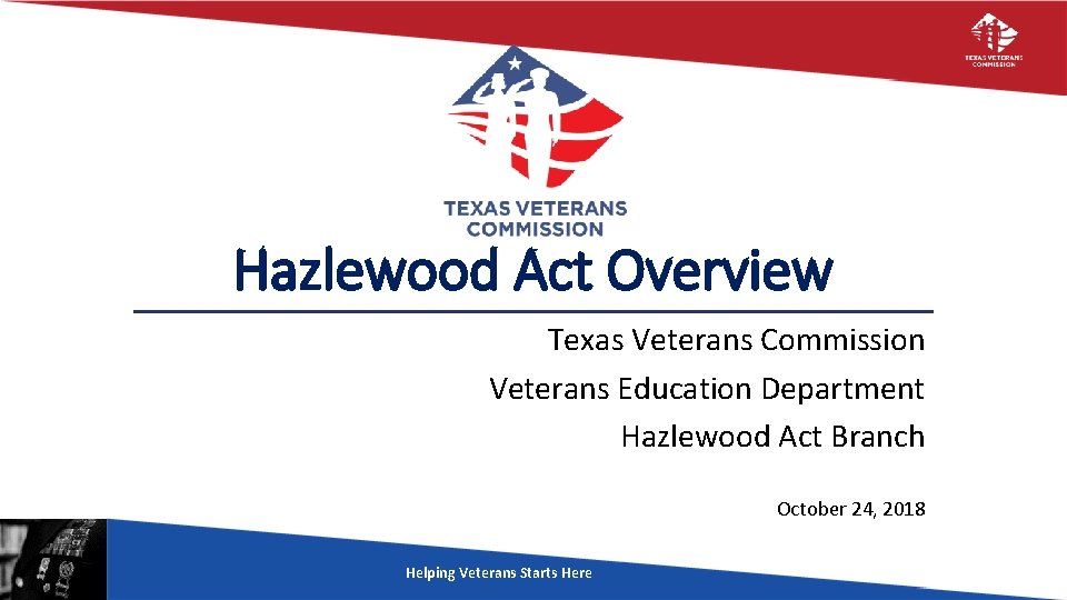 Hazlewood Act Overview Texas Veterans Commission Veterans Education Department Hazlewood Act Branch October 24,