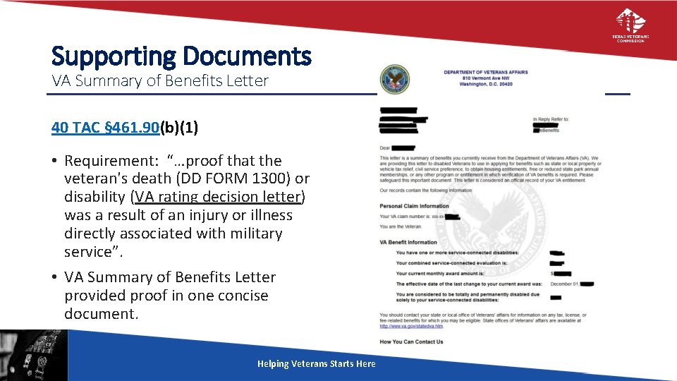 Supporting Documents VA Summary of Benefits Letter 40 TAC § 461. 90(b)(1) • Requirement: