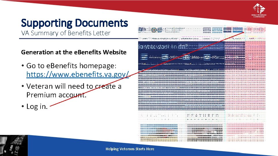 Supporting Documents VA Summary of Benefits Letter Generation at the e. Benefits Website •