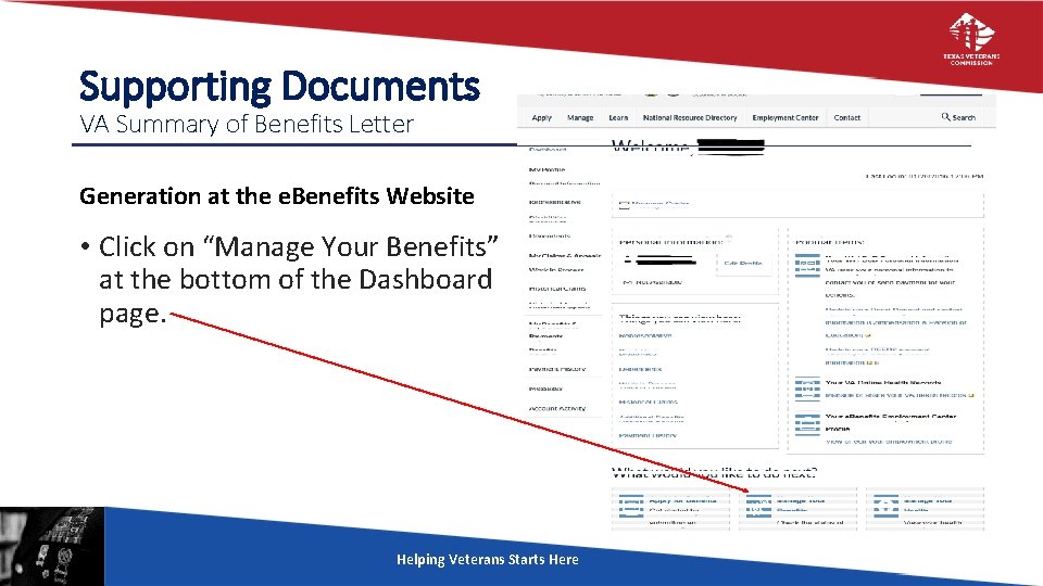 Supporting Documents VA Summary of Benefits Letter Generation at the e. Benefits Website •