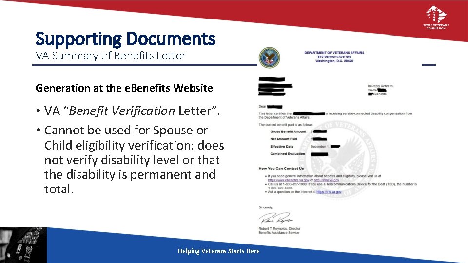 Supporting Documents VA Summary of Benefits Letter Generation at the e. Benefits Website •