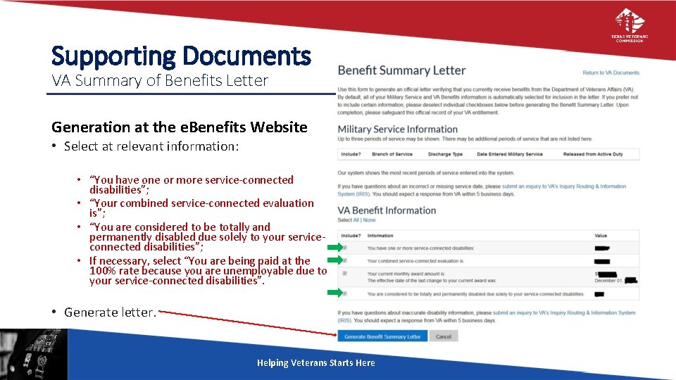 Supporting Documents VA Summary of Benefits Letter Generation at the e. Benefits Website •