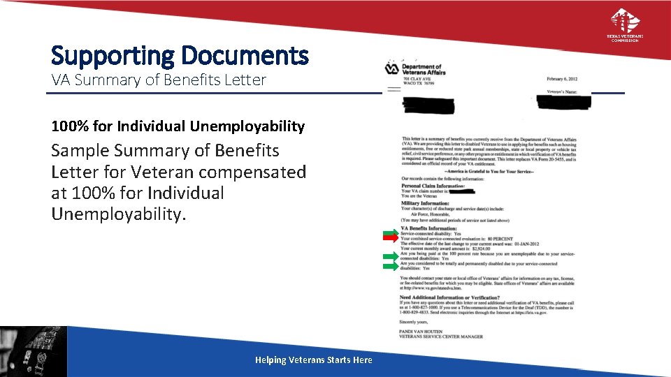 Supporting Documents VA Summary of Benefits Letter 100% for Individual Unemployability Sample Summary of