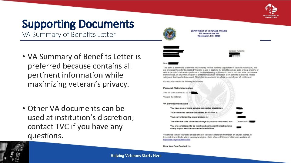 Supporting Documents VA Summary of Benefits Letter • VA Summary of Benefits Letter is