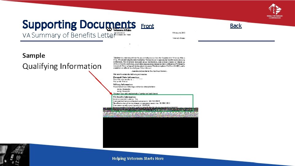 Supporting Documents Front VA Summary of Benefits Letter Sample Qualifying Information Helping Veterans Starts