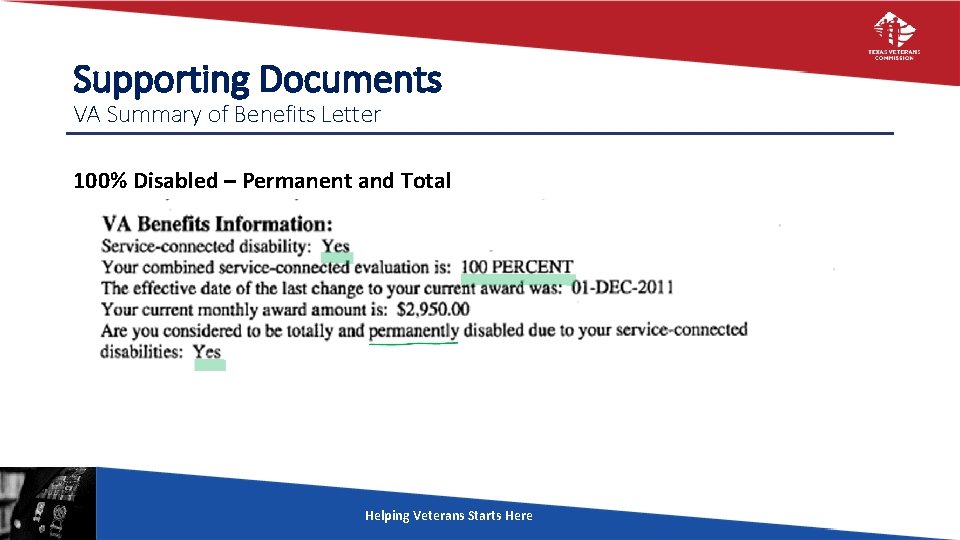 Supporting Documents VA Summary of Benefits Letter 100% Disabled – Permanent and Total Helping