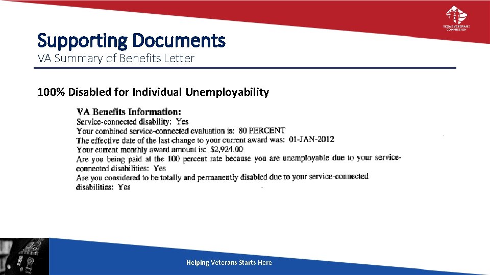 Supporting Documents VA Summary of Benefits Letter 100% Disabled for Individual Unemployability Helping Veterans