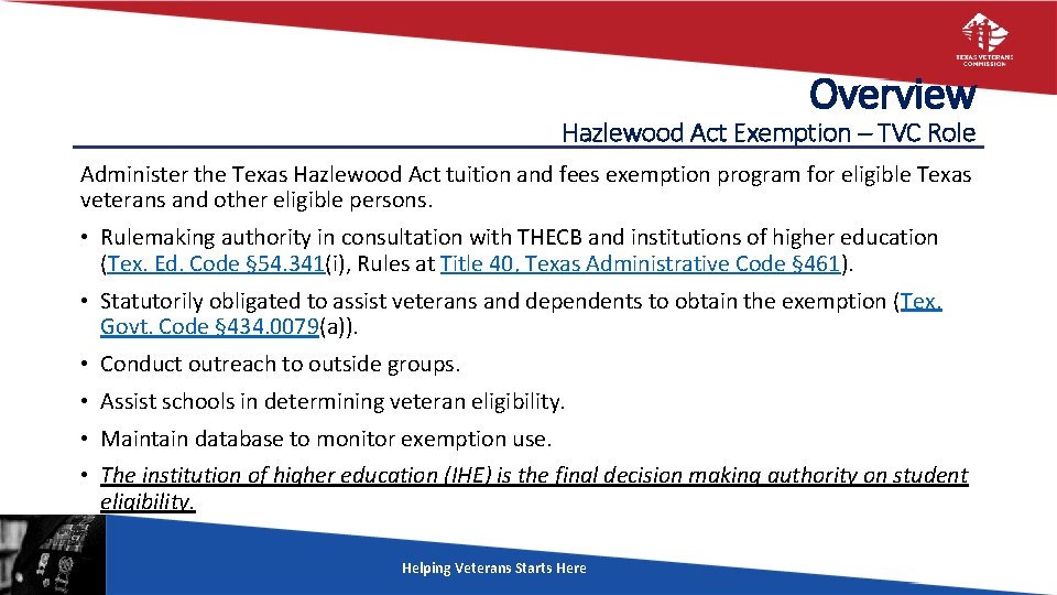 Overview Hazlewood Act Exemption – TVC Role Administer the Texas Hazlewood Act tuition and