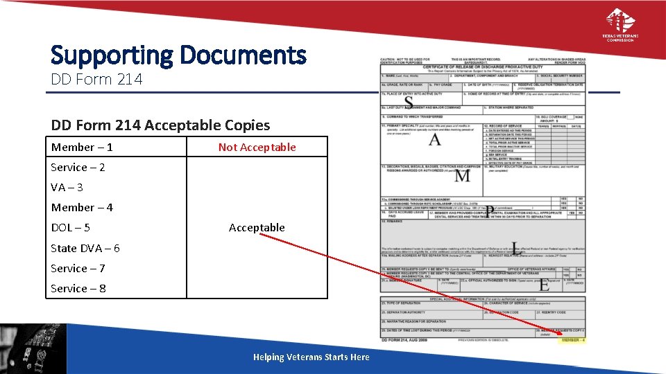 Supporting Documents DD Form 214 Acceptable Copies Member – 1 Not Acceptable Service –