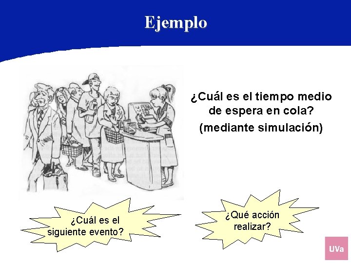 Ejemplo ¿Cuál es el tiempo medio de espera en cola? (mediante simulación) ¿Cuál es